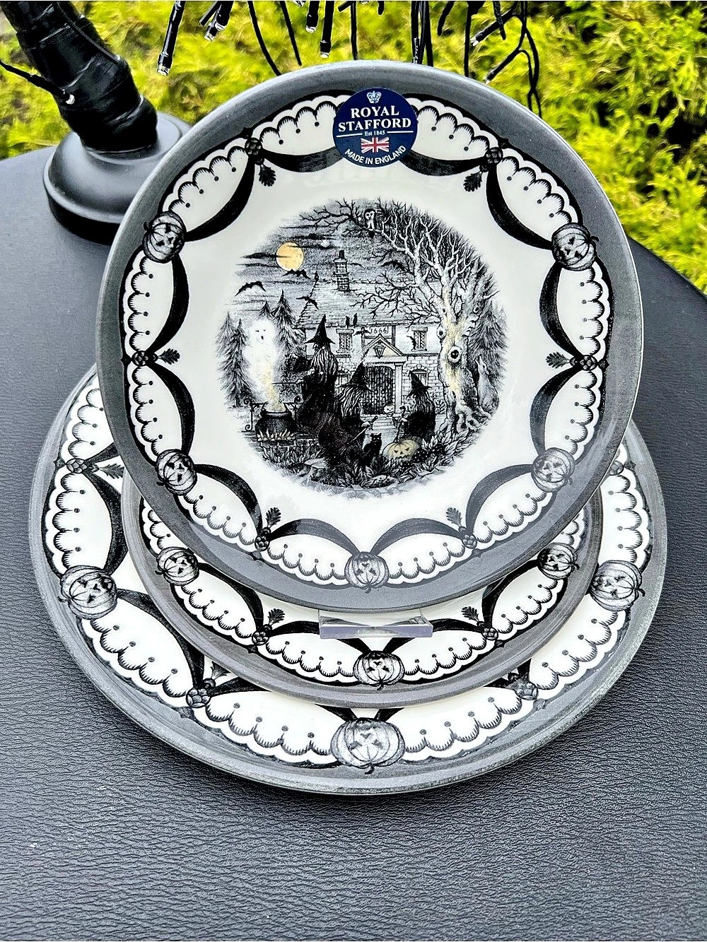 NEW Royal Stafford Halloween Coven Ghost Black Cat Dinner 3pc Plate Set